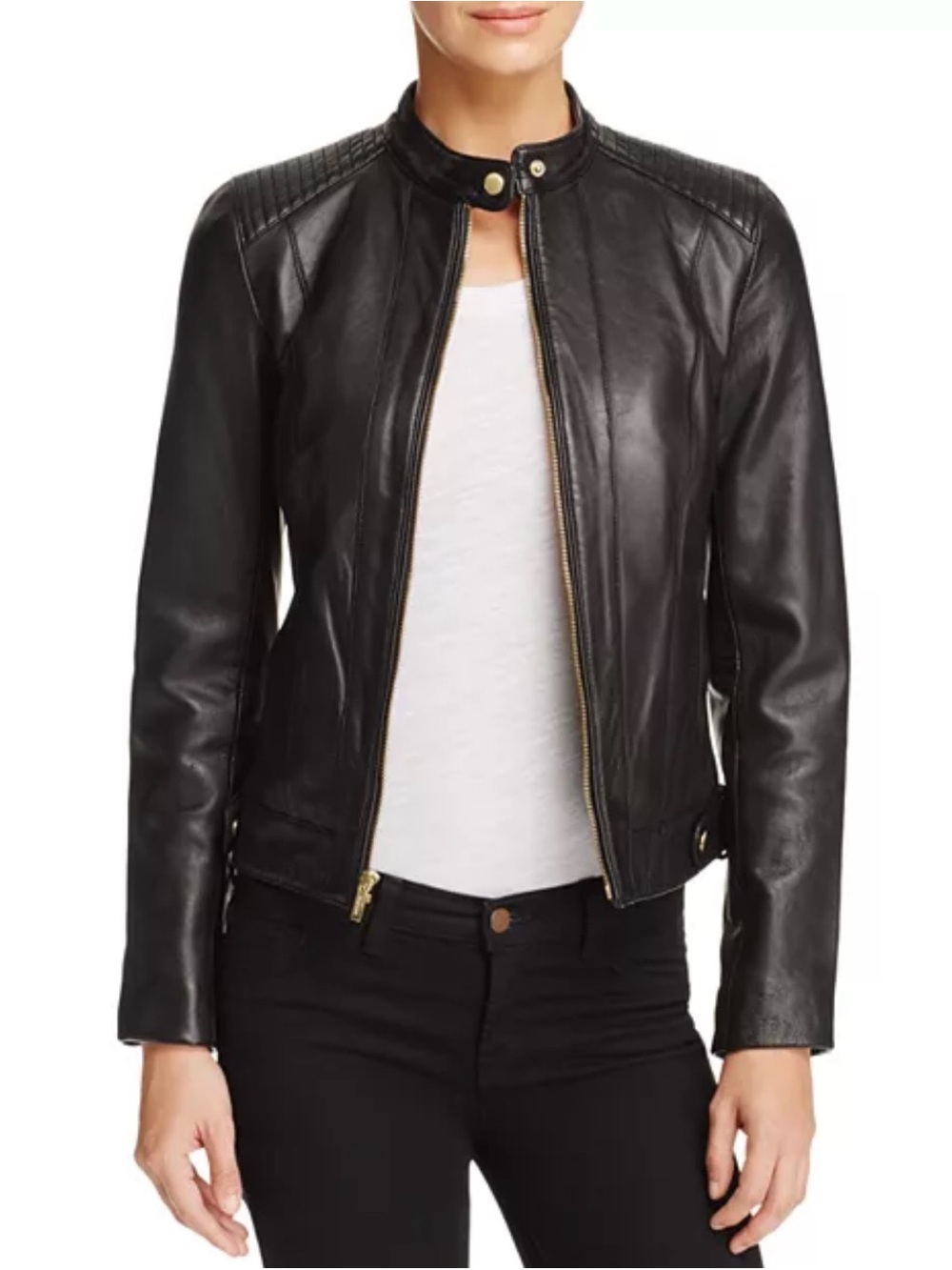 Cole Haan Lamb Skin Black Leather Jacket with Gold Hardware